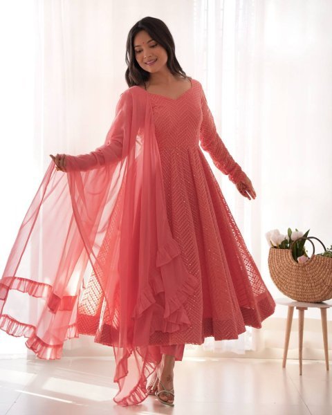 Light Pink Fox Georgette Lucknowi Anarkali Suit with Ruffle Dupatta at Manufacturer Price Diwali Collection