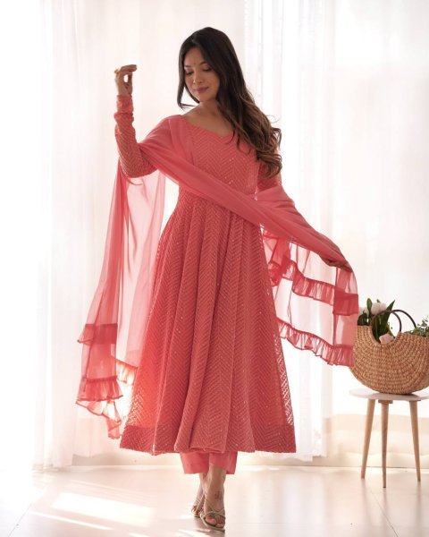 Light Pink Fox Georgette Lucknowi Anarkali Suit with Ruffle Dupatta at Manufacturer Price Diwali Collection