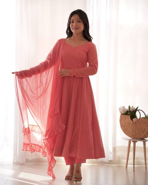 Light Pink Fox Georgette Lucknowi Anarkali Suit with Ruffle Dupatta at Manufacturer Price Diwali Collection