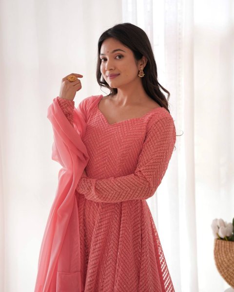 Light Pink Fox Georgette Lucknowi Anarkali Suit with Ruffle Dupatta at Manufacturer Price Diwali Collection