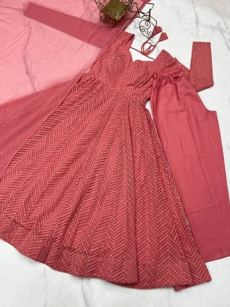 Light Pink Fox Georgette Lucknowi Anarkali Suit with Ruffle Dupatta at Manufacturer Price Diwali Collection