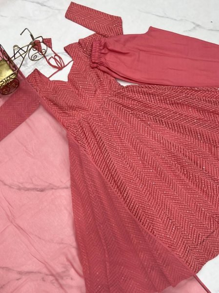 Light Pink Fox Georgette Lucknowi Anarkali Suit with Ruffle Dupatta at Manufacturer Price Diwali Collection