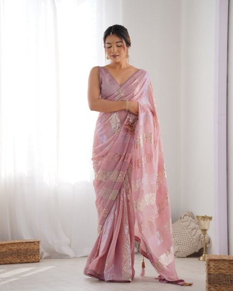 Light Pink Georgette Sequin Saree Best Seller Heavy Work Designer Collection for Resellers at Lowest Price Georgette Sarees Wholesale