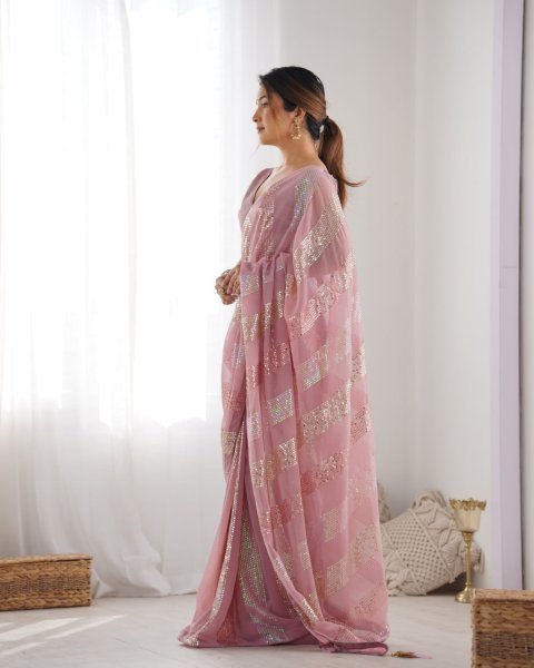 Light Pink Georgette Sequin Saree Best Seller Heavy Work Designer Collection for Resellers at Lowest Price Georgette Sarees Wholesale