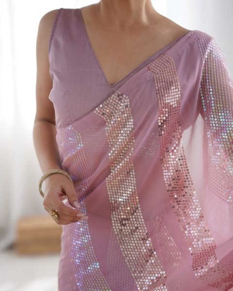 Light Pink Georgette Sequin Saree Best Seller Heavy Work Designer Collection for Resellers at Lowest Price Georgette Sarees Wholesale