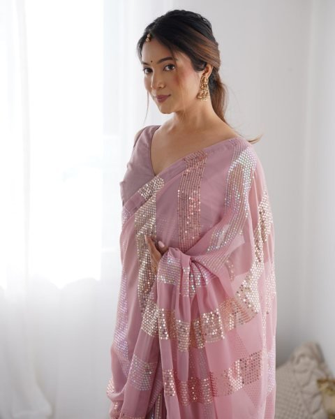 Light Pink Georgette Sequin Saree Best Seller Heavy Work Designer Collection for Resellers at Lowest Price Georgette Sarees Wholesale
