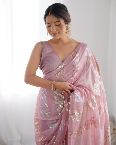 Light Pink Georgette Sequin Saree Best Seller Heavy Work Designer Collection for Resellers at Lowest Price Georgette Sarees Wholesale