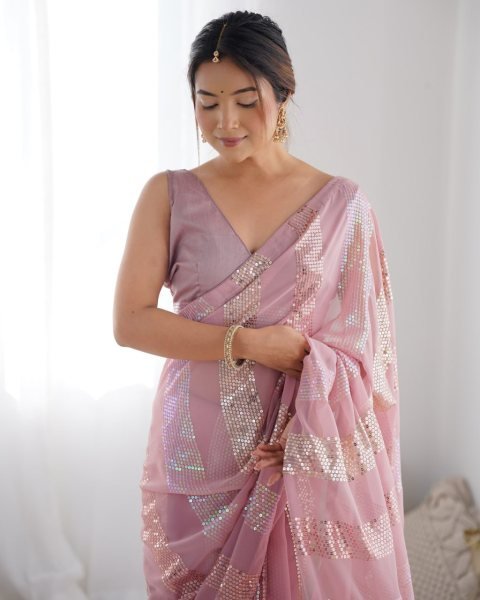 Light Pink Georgette Sequin Saree Best Seller Heavy Work Designer Collection for Resellers at Lowest Price Georgette Sarees Wholesale