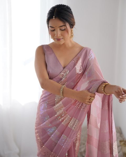 Light Pink Georgette Sequin Saree Best Seller Heavy Work Designer Collection for Resellers at Lowest Price Georgette Sarees Wholesale