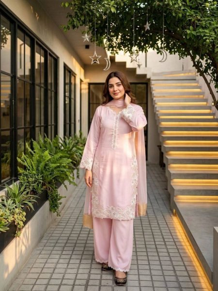 Light Pink Heavy Natural Silk Kurta Palazzo Set with Embroidered Soft Net Dupatta Ready To Wear Suit