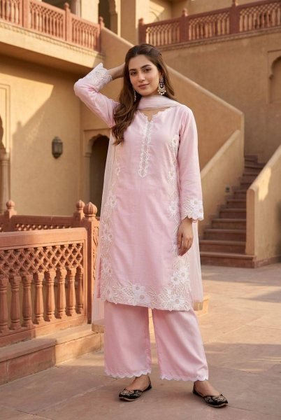 Light Pink Heavy Natural Silk Kurta Palazzo Set with Embroidered Soft Net Dupatta Ready To Wear Collection