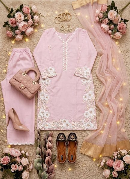 Light Pink Heavy Natural Silk Kurta Palazzo Set with Embroidered Soft Net Dupatta Ready To Wear Collection