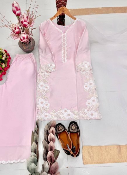 Light Pink Heavy Natural Silk Kurta Palazzo Set with Embroidered Soft Net Dupatta Ready To Wear Collection