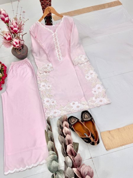 Light Pink Heavy Natural Silk Kurta Palazzo Set with Embroidered Soft Net Dupatta Ready To Wear Collection