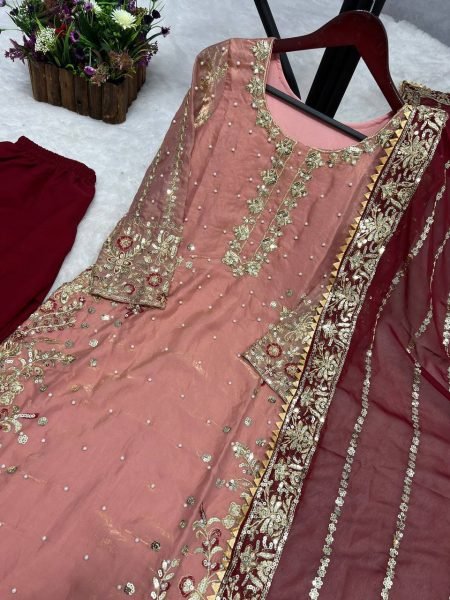 Light Pink Salwar Suit With Dupatta in Fendy Silk With Sequence Embroidery Work Ready To Wear Collection