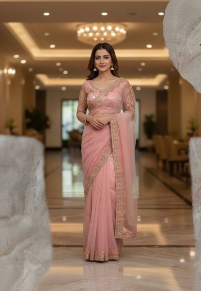 Light Pink Butterfly Net Embroidered Saree With Sequence Work At Manufacturer Rate Embroidery Sarees Wholesale