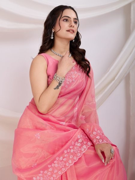Light Pink Saree in Twill Net With Sequence Work Cocktail Party Shining Saree Embroidery Sarees Wholesale