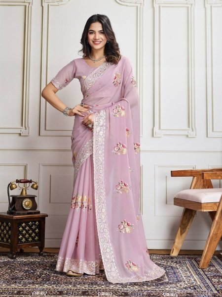 light pink star sequin georgette saree with contrast blouse perfect for special events Georgette Sarees Wholesale
