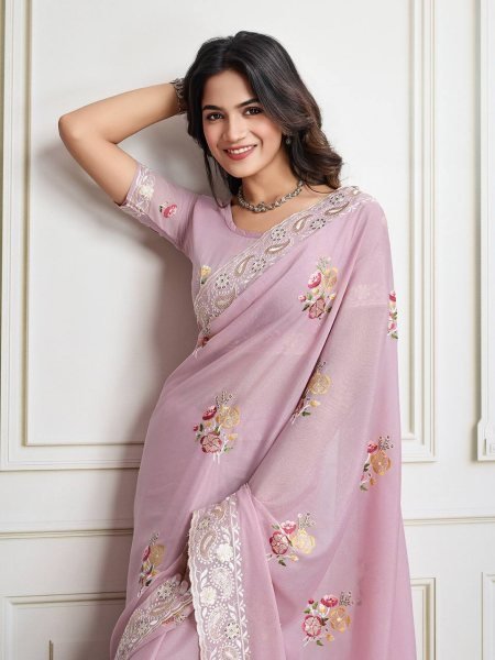 light pink star sequin georgette saree with contrast blouse perfect for special events Georgette Sarees Wholesale