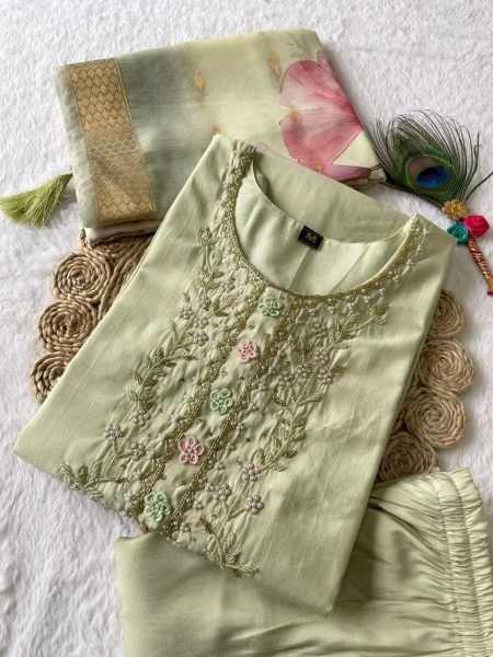 Light Pista Color Roman Silk Kurti pant With Dupatta  3 Piece Kurti Set