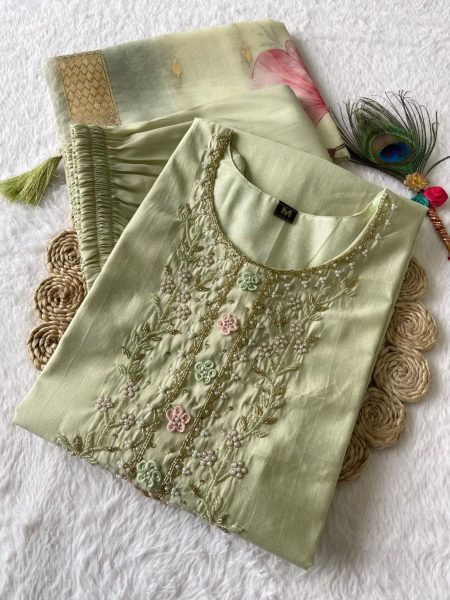 Light Pista Color Roman Silk Kurti pant With Dupatta  3 Piece Kurti Set