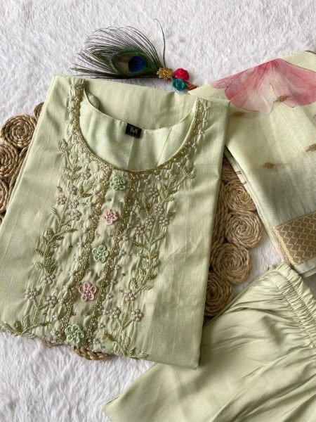 Light Pista Color Roman Silk Kurti pant With Dupatta  3 Piece Kurti Set
