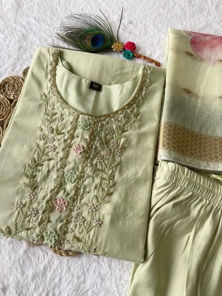 Light Pista Color Roman Silk Kurti pant With Dupatta  3 Piece Kurti Set