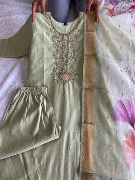 Light Pista Color Roman Silk Kurti pant With Dupatta  3 Piece Kurti Set