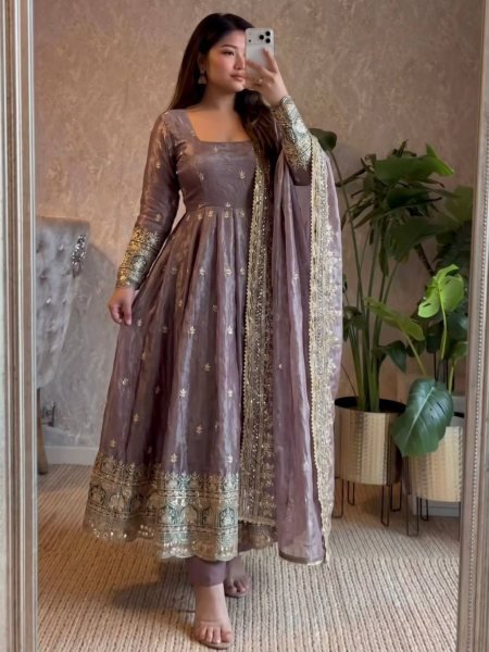 Light Purple Festival Wear Heavy Two Tone Fandy Silk Embroidered Gown with Pant 
