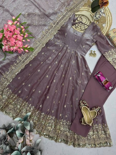 Light Purple Festival Wear Heavy Two Tone Fandy Silk Embroidered Gown with Pant Ready To Wear Collection