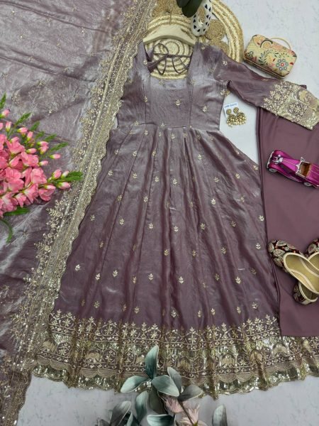 Light Purple Festival Wear Heavy Two Tone Fandy Silk Embroidered Gown with Pant Ready To Wear Collection