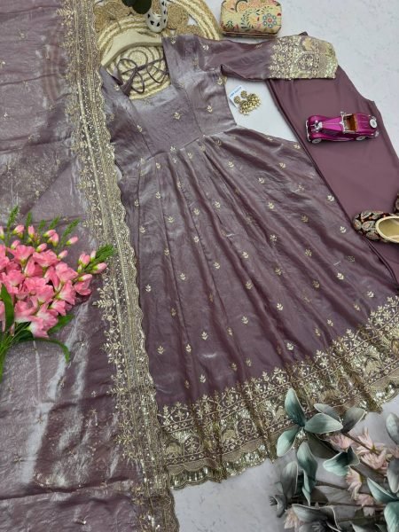 Light Purple Festival Wear Heavy Two Tone Fandy Silk Embroidered Gown with Pant Ready To Wear Collection