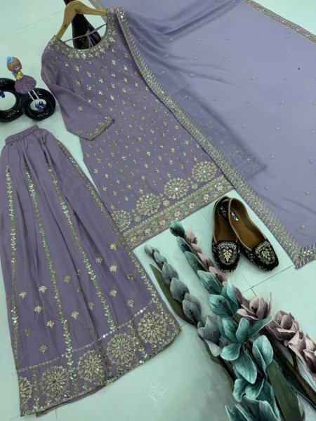 Light Purple Georgette Palazzo Suit Sequin   Real Mirror Work Fully Stitched Ready to Wear Collection from Surat for Resellers Ready To Wear Collection