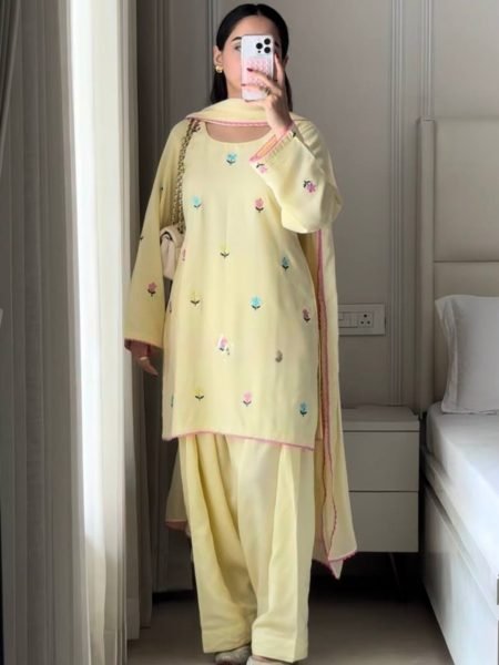 Light Yellow Party Wear Roman Chanderi Cotton Top Farshi Salwar Set with Embroidery Work 