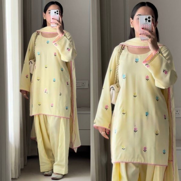 Light Yellow Party Wear Roman Chanderi Cotton Top Farshi Salwar Set with Embroidery Work Ready To Wear Collection
