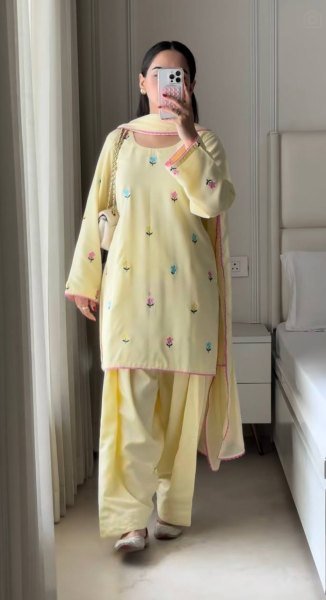 Light Yellow Party Wear Roman Chanderi Cotton Top Farshi Salwar Set with Embroidery Work Ready To Wear Collection