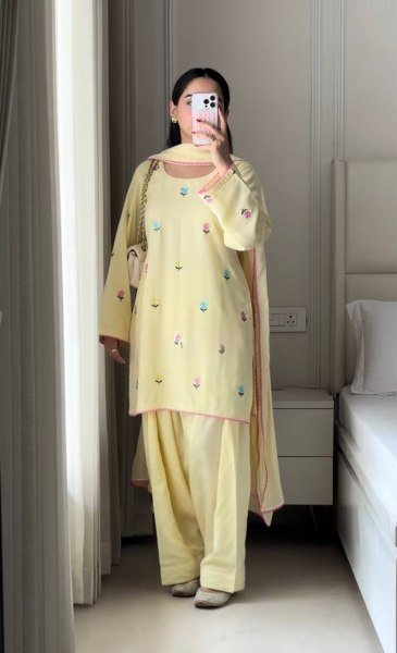 Light Yellow Party Wear Roman Chanderi Cotton Top Farshi Salwar Set with Embroidery Work Ready To Wear Collection