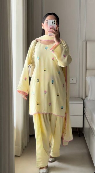 Light Yellow Party Wear Roman Chanderi Cotton Top Farshi Salwar Set with Embroidery Work Ready To Wear Collection