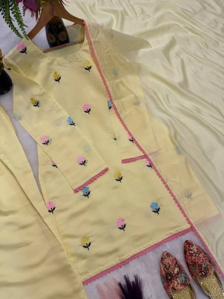 Light Yellow Party Wear Roman Chanderi Cotton Top Farshi Salwar Set with Embroidery Work Ready To Wear Collection