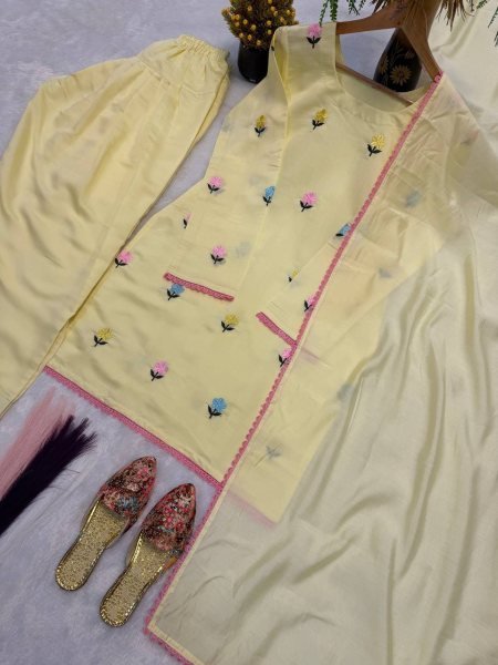 Light Yellow Party Wear Roman Chanderi Cotton Top Farshi Salwar Set with Embroidery Work Ready To Wear Collection