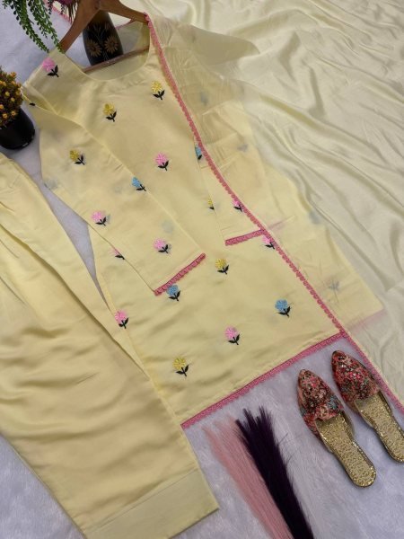 Light Yellow Party Wear Roman Chanderi Cotton Top Farshi Salwar Set with Embroidery Work Ready To Wear Collection