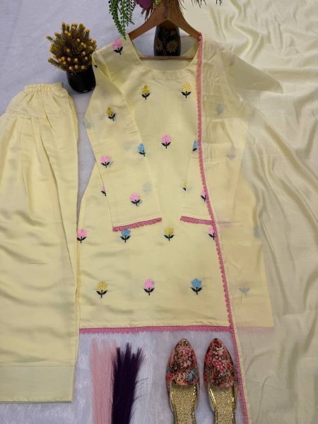 Light Yellow Party Wear Roman Chanderi Cotton Top Farshi Salwar Set with Embroidery Work Ready To Wear Collection