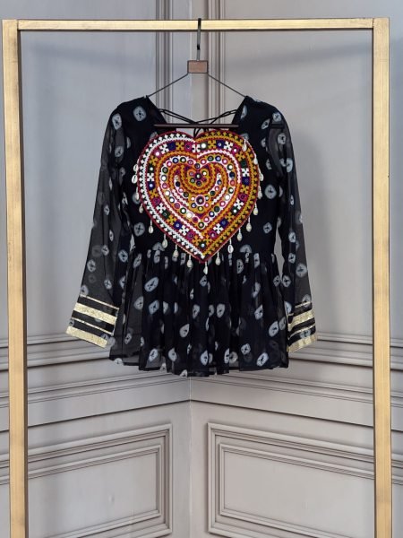 Lightweight Black Festive Bandhani Top with Kutchi Gamthi Patchwork Detailing at Manufacturer  Tunics kurti