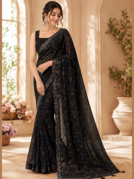 Lightweight Black Georgette Saree with Multicolour Foil Print Diamond Work for Wedding Sarees 
