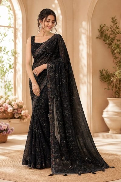 Lightweight Black Georgette Saree with Multicolour Foil Print Diamond Work for Wedding Georgette Sarees Wholesale