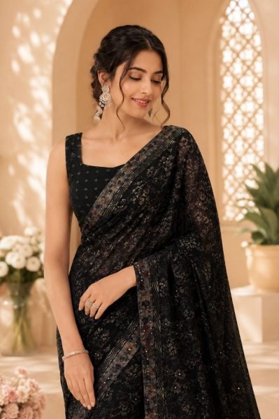 Lightweight Black Georgette Saree with Multicolour Foil Print Diamond Work for Wedding Georgette Sarees Wholesale