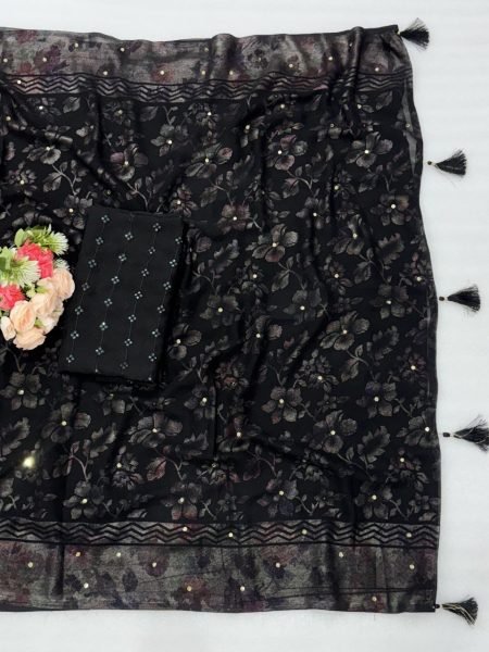 Lightweight Black Georgette Saree with Multicolour Foil Print Diamond Work for Wedding Georgette Sarees Wholesale