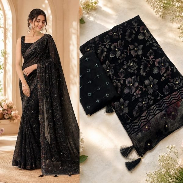 Lightweight Black Georgette Saree with Multicolour Foil Print Diamond Work for Wedding Georgette Sarees Wholesale