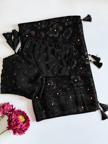 Lightweight Black Georgette Saree with Multicolour Foil Print Diamond Work for Wedding Georgette Sarees Wholesale