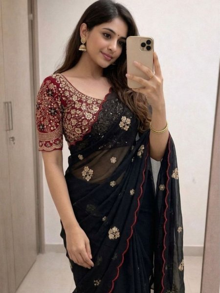 Lightweight Black Tissue Saree with Heavy Embroidered Blouse for Women Silk Sarees Wholesale